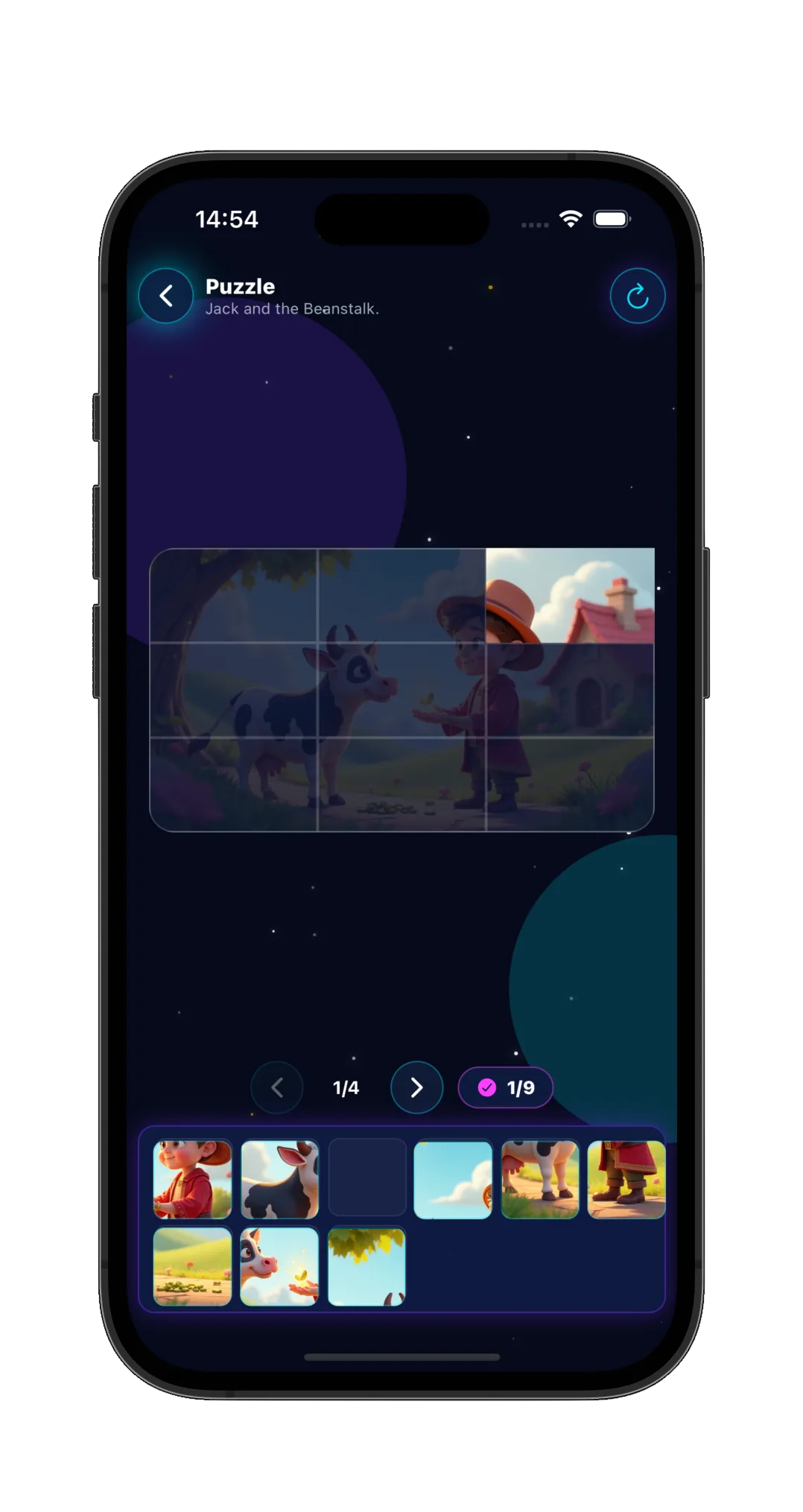 Schermafbeelding van de app met de puzzel die uit een illustratie wordt opgebouwd