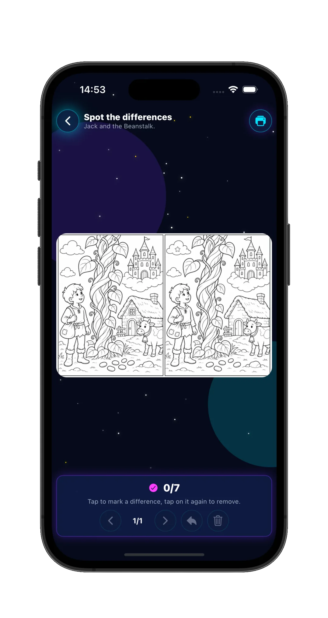 Schermafbeelding van de app met het zoek-de-verschillen spel tussen twee illustraties