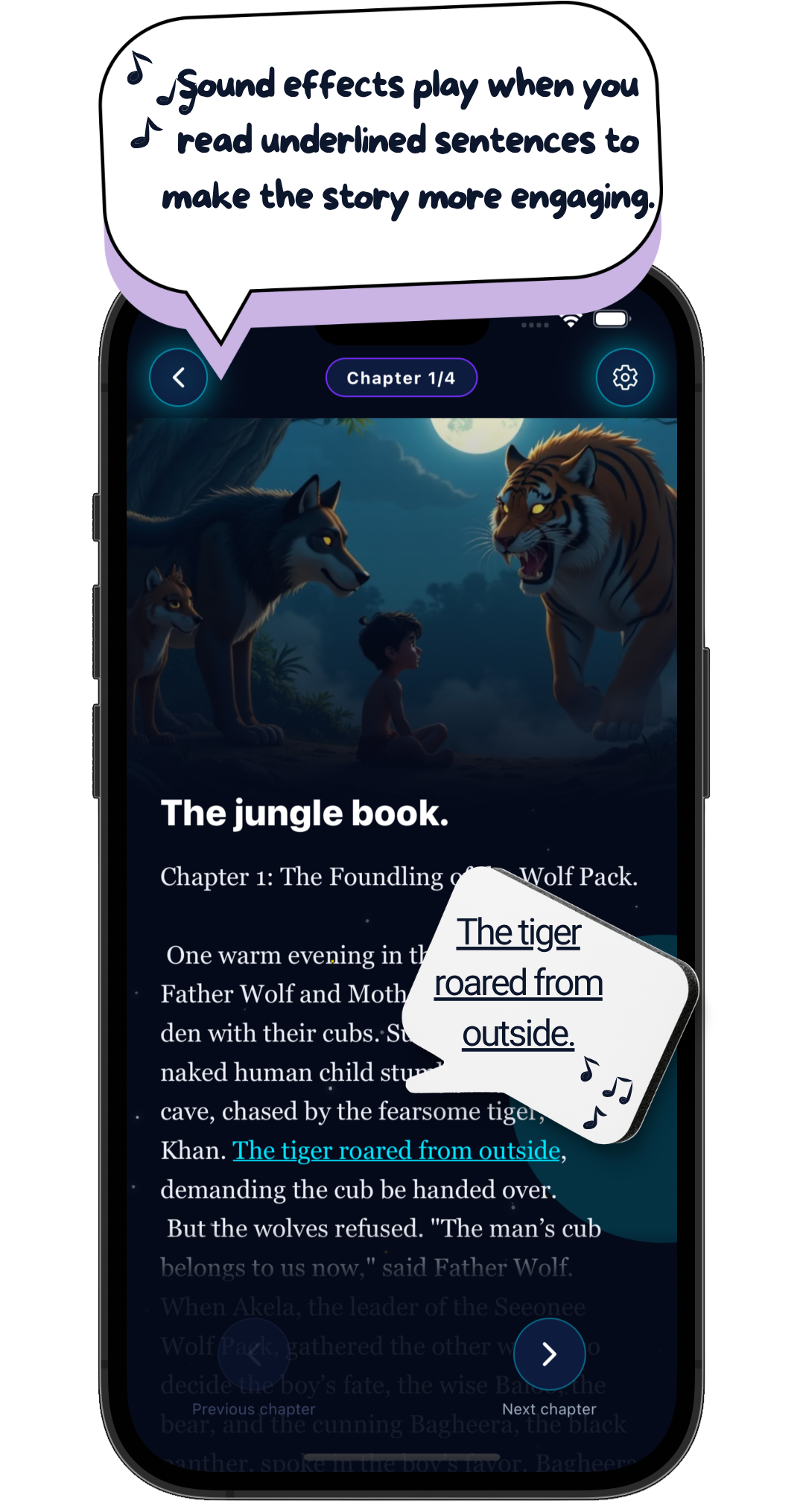 Geluidseffecten starten wanneer een kind onderstreepte zinnen leest in de RocketTales-app.